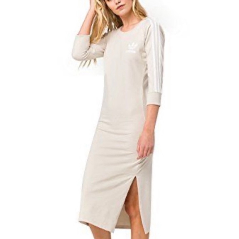 ADIDAS ORIGINALS Trefoil Beige 3/4 Sleeve 3 Stripes Bodycon Midi Dress